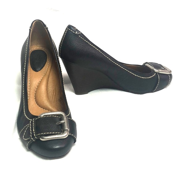 Black FOSSIL Leather Maddox Wedges 9.5 - Picture 2 of 8